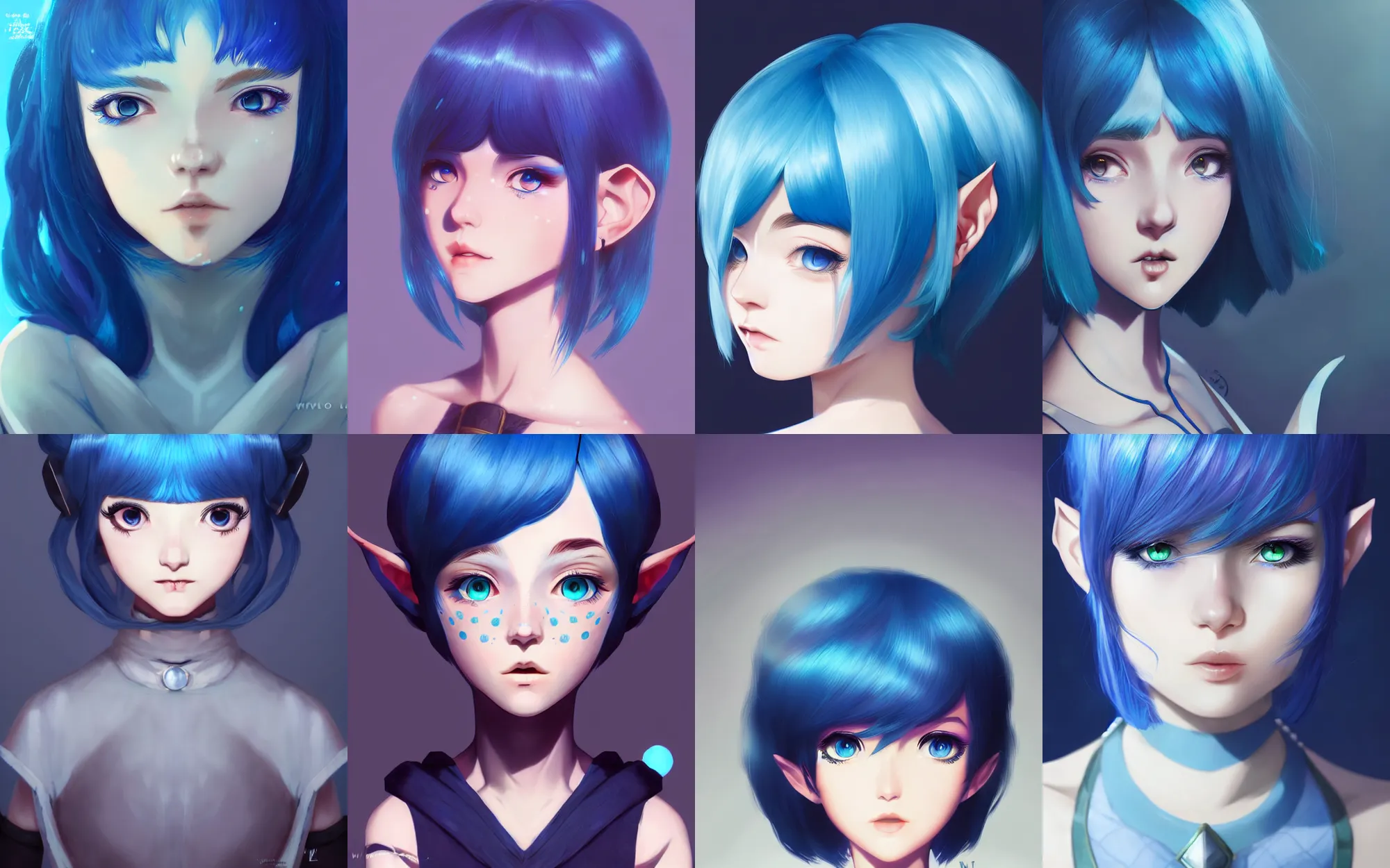Prompt: league of legends portrait of a blue haired elf girl with a bob haircut with white freckles by wlop and kuvshinov, digital art, cinematic lighting, symmetric