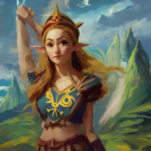 Image similar to greg manchess portrait of zelda as disney character, triforce, perfect face, matte painting, bold shapes, hard edges, by huang guangjian, gil elvgren, sachin teng. in a beautiful landscape full of emotions, cgsociety masterpiece, artstation trending, by rossdraws, ghibli, kimi no na wa, greg rutkowski, simon stalberg