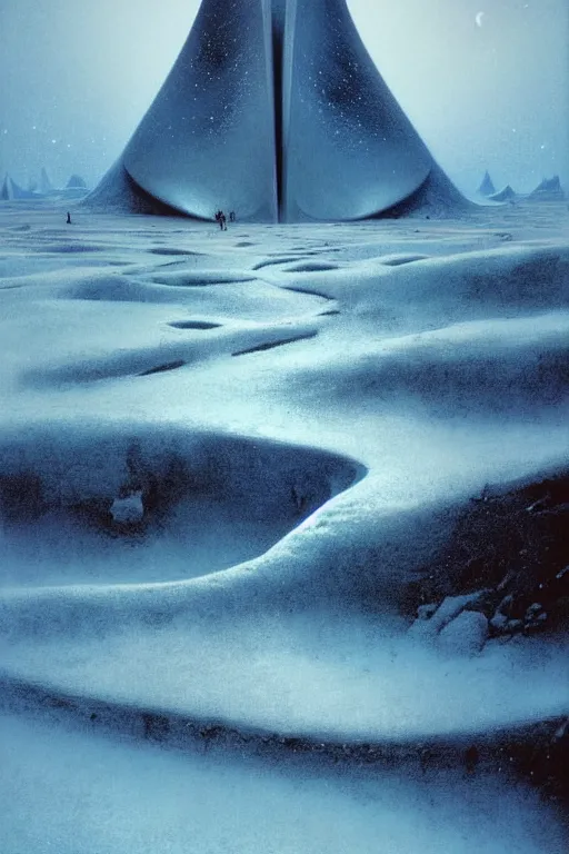 Prompt: emissary snowy landscape by tim bladin and arthur haas and bruce pennington and john schoenherr, cinematic matte painting, zaha hadid building, photo realism, dark moody color palate, blue hour stars, desolate glacial landscape,
