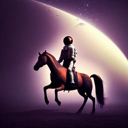 Prompt: hyperrealism aesthetic highly detailed photography of horse in dramatic scene, riding on a hyperrealism highly detailed astronaut. from western by hiroyuki okiura and katsuhiro otomo and alejandro hodorovski style with many details by mike winkelmann and vincent di fate in sci - fi style. volumetric natural light hyperrealism photo on dsmc 3 system,