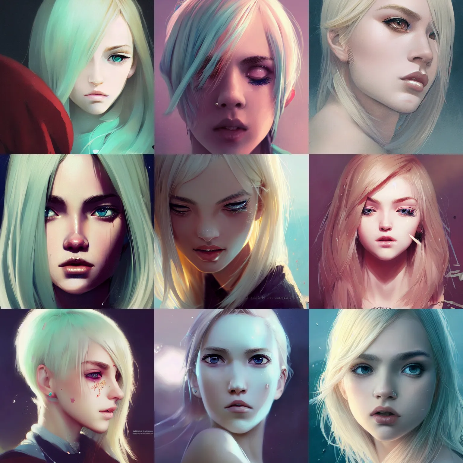 Prompt: very cool girl blonde hair, mint higlights, eyelash cute makeup, nose piercing, detailed portrait, intricate complexity, by greg rutkowski, artgerm, ross tran, conrad roset, takato yomamoto, ilya kuvshinov. 4 k, beautiful, cinematic dramatic atmosphere