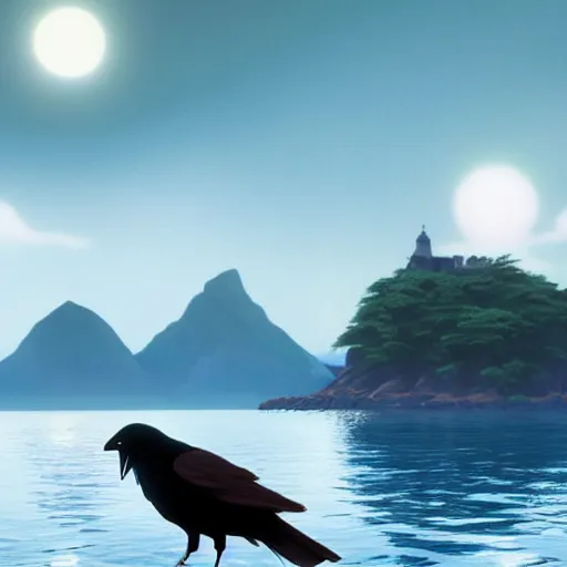 Image similar to a wholesome animation key shot of a crow on a boat in the night, island in the background, medium shot, studio ghibli, pixar and disney animation, sharp, rendered in unreal engine 5, anime key art by greg rutkowski, bloom, dramatic lighting