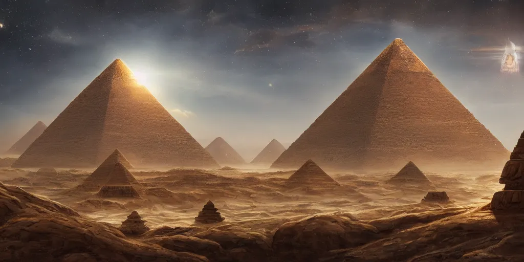 Image similar to beautiful painting of a landscape with alien pyramids with jewels and ornate gold decor by kim jakobsson, takato yamamoto, clement - auguste andrieux and santiago caruso trending on artstation sunshine rays cryengine behance hd 8 k 3 d 8 k resolution photoillustration ambient occlusion ancient egyptian hieroglyphs, stars with lasers