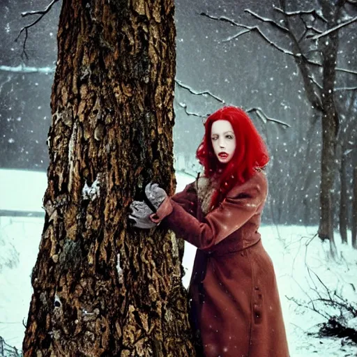 Prompt: beautiful woman is fusing with a tree. the woman has pale skin and red hair. folk horror. eerie. winter scene