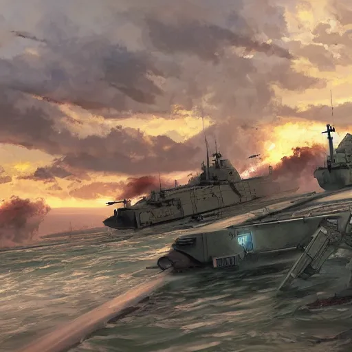 Prompt: landing crafts reaching the beaches of normandy amidst gunfire, highly detailed, digital painting, concept art, sharp focus, by makoto shinkai