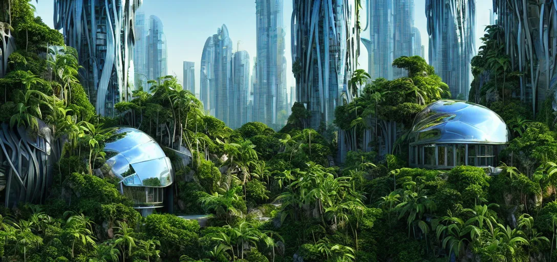 Prompt: futuristic shinny glass mirror buildings sculpted in the mountains with a jungle landscape of a biopunk with overgrown vegetation city by frank gehry and santiago calatrava, movie poster, solarpunk, cyberpunk, golden ratio, evening lighting, film still, realistic, octane render redshift arnold materials unreal engine, 8 k post production, hyper detailed