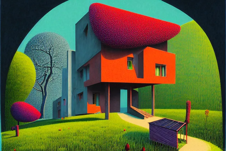 Image similar to surreal glimpse into other universe, house by som architect, summer morning, very coherent and colorful high contrast, art by!!!! gediminas pranckevicius!!!!, geof darrow, floralpunk screen printing woodblock, dark shadows, hard lighting, stipple brush technique,