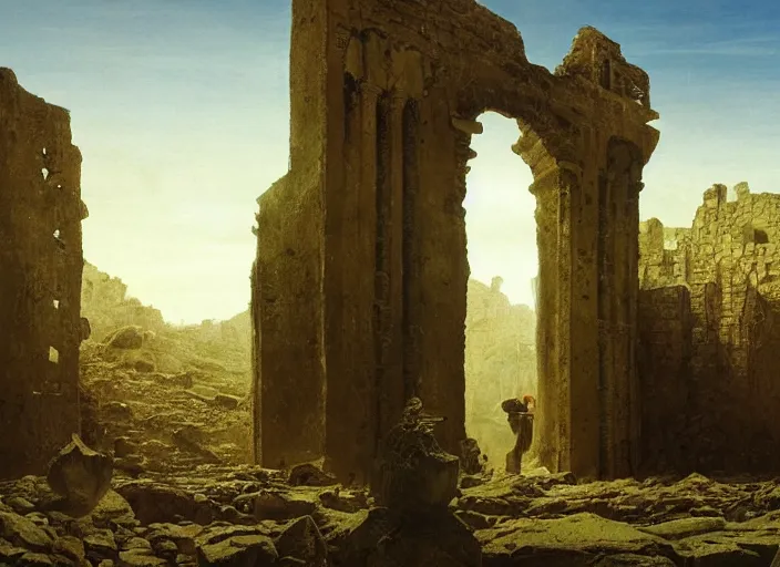 Image similar to a land of ruins of lost civilization with a fort in the middle, pure gold pillars, water tunnels below and a magical time gate to another dimension, a wounded man wearing a white robe standing watching over, dramatic lighting, dawn, by caspar david friedrich, concept art