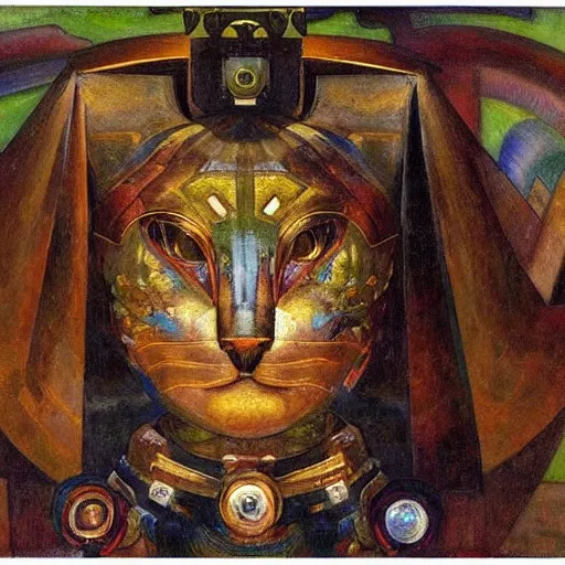 Image similar to masterpiece painting of a bejeweled mechanical robot cat head, by annie swynnerton and diego rivera and nicholas roerich and jean delville, symbolist, dramatic lighting, god rays, elaborate geometric ornament, art brut, rich colors, smooth, sharp focus, extremely detailed, adolf wolfli and ( donato giancola )