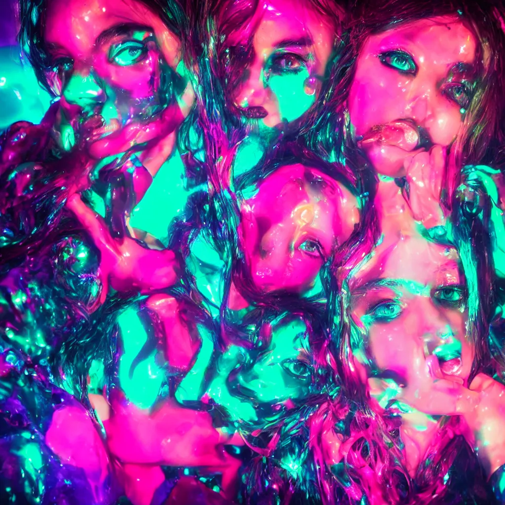 Prompt: plasticine wet shiny girls, crystal, moonlit, mirrors, camera angled dramatically, realistic, neon lasers, anime eyes and lips