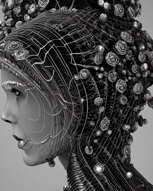 Image similar to mythical dreamy black and white organic bio - mechanical spinal ribbed profile face portrait detail of translucent steampunk beautiful female angelic - human - queen - vegetal - cyborg, highly detailed, intricate crystal ivy jelly ornate, poetic, translucent roses ornate, 3 d render, digital art, octane render, 8 k artistic photography, photo - realistic, by dora maar