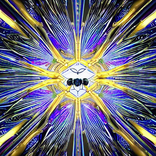 Image similar to a perfect render of 5-point perspective cathedral ceiling of ferrofluid bee flames with 3d wasp archways and tutankhamum monarch colors. futuristic, metallic, glowing, perfect, shadows, highly detailed, 3d, hyperrealistic, photorealistic, octane render, unreal engine 5, hd, rimlight, bee, wasp, highly reflective, 4k, 8k, raytracing, polished, neon, futuristic, wasp, symmetrical