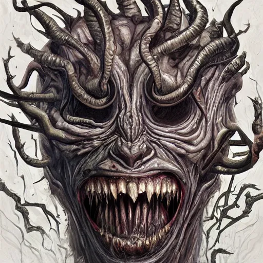 Image similar to eldritch abomination, gnashing teeth, multiple mouths, multiple eyes, oil painting, cinematic, intricate complexity, rule of thirds, in the style of Adam Paquette, Svetlin Velinov, Daarken, Artgerm, Keith Thompson, and Eric Deschamps, face by Artgerm and WLOP, magic the gathering art, character concept