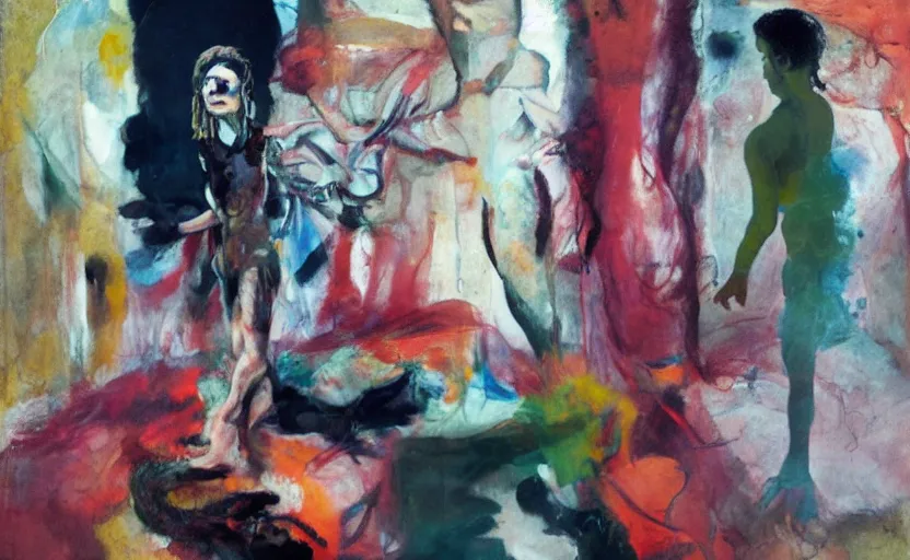 Prompt: in the background is the conversion of physical to digital, in the foreground is a girl at full height with a bottle in her hand, blurred, grotesque, synthetic polymer paint on linen, doomed, acrylic paint, high resolution, gouache on canvas, vibrant colors, grotesque, wrapped thermal background, by, art francis bacon