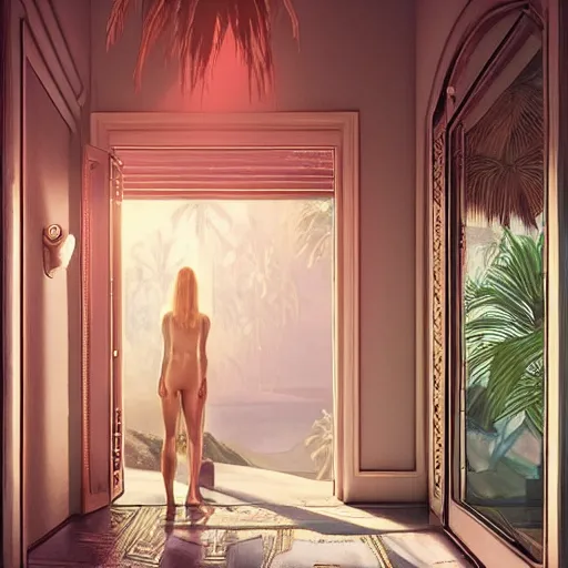 Prompt: indoor liminal dream, golden light, greg rutkowski, palm trees, pink door, minimalistic, hyperrealistic surrealism, award winning masterpiece with incredible details, epic stunning, infinity pool mirrors, a surreal vaporwave liminal space with mirrors, highly detailed, trending on artstation, artgerm and greg rutkowski and alphonse mucha, daily deviation