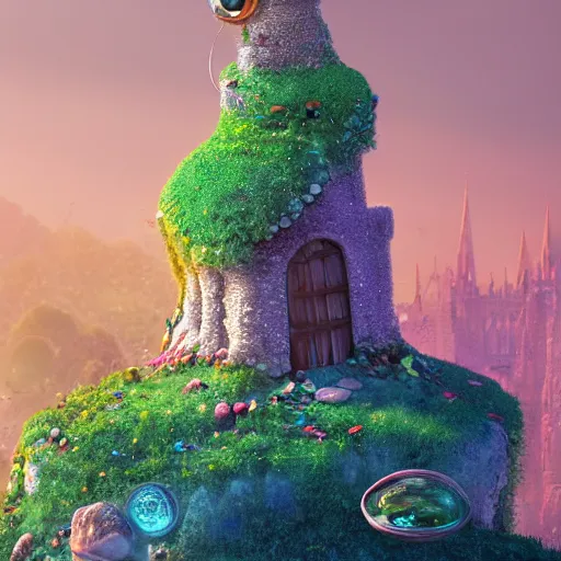 Image similar to tiny stone tower, expressive eyes, floating, rbc, radiolaria, protophyta, micro - organisms, center frame, symmetric, rim light, marine microbiology, bioluminescence, electric, fur, soft, concept art, intricate details, highly detailed, colorful, photorealistic, disney pixar, octane render, iridescent, anime