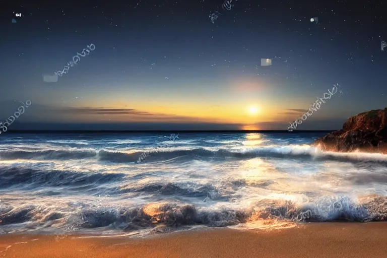 Image similar to bioluminescent waves, beach, night, landscape, relax atmosphere, magic atmosphere, photo realistic