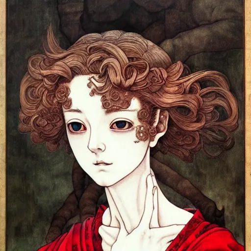 Image similar to prompt: Portrait painted in renaissance style drawn by Katsuhiro Otomo and Takato Yamamoto, inspired by Fables, china doll face, smooth face feature, intricate oil painting, high detail, sharp high detail, manga and anime 2000