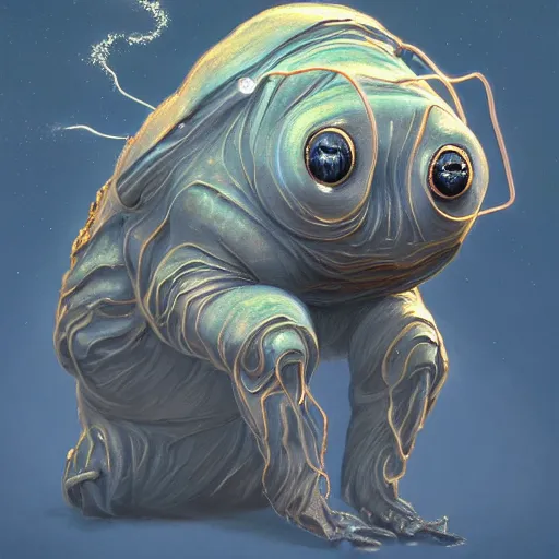 Image similar to detailed science - fiction tardigrade portrait of a tardigrade shooting lasers out of its eyes, intricate, wild, highly detailed, digital painting, artstation, concept art, smooth, sharp focus, illustration, art by artgerm and greg rutkowski and alphonse mucha