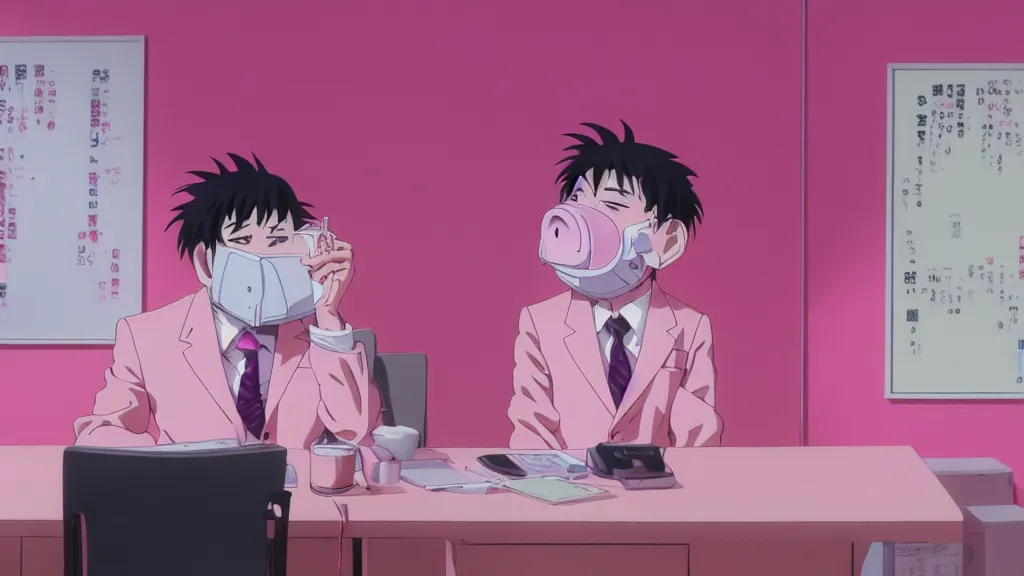 Image similar to a man wearing a pink suit and a pink pig mask sitting in an office, anime film still from the an anime directed by Katsuhiro Otomo with art direction by Salvador Dalí, wide lens