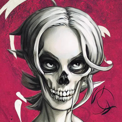 Image similar to anime manga skull portrait young woman skeleton, cuphead, painterly, logo, graffiti, elegant, highly detailed, digital art, art by jc leyendecker and sachin teng