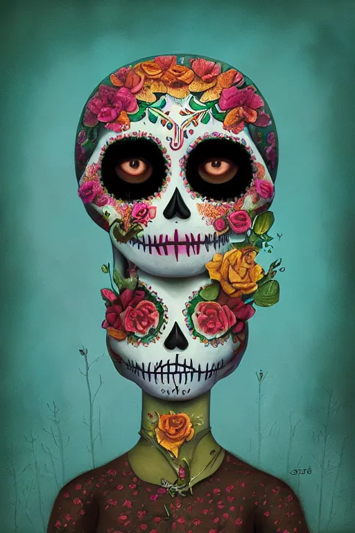 Prompt: illustration of a sugar skull day of the dead girl, art by gediminas pranckevicius