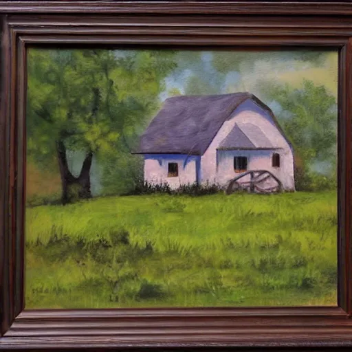 Image similar to farmhouse in the woods painted by jerry smith, acrylic painting