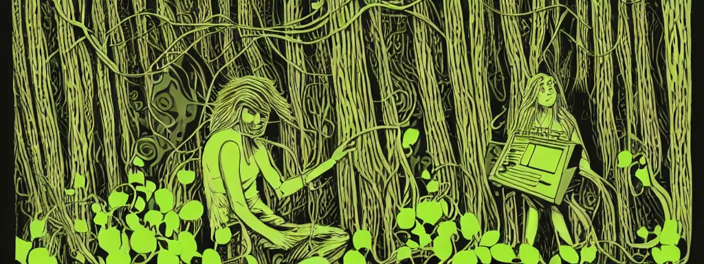 Prompt: a grunge technogaianist long-haired blonde digital musician playing modular synthesizer in the forest, technology and nature swirling in harmony, plugging vines into the synthesizer, trees swaying to the beat, postmodern surrealist concert poster, grainy poster art, hand drawn matte painting by Tara McPherson and Gary Houston, smooth, sharp focus, extremely detailed, 24mm.