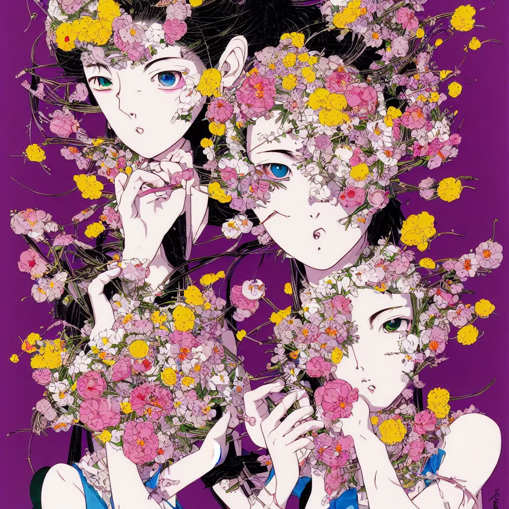 Image similar to prompt: Fragile portrait of one persona covered with random flowers illustrated by Katsuhiro Otomo, inspired by sailor moon and 1990 anime, smaller cable and cryborg parts as attributes, eyepatches, illustrative style, intricate oil painting detail, manga 1980