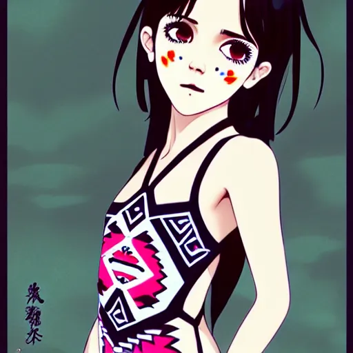 Image similar to a beautiful boyish emma watson alluring gravure model, wearing elegant japanese hiphop leotard outfit with subtle mayan patterns and native fashion, harajuku aztec fashion, gapmoe yandere grimdark, trending on pixiv fanbox, painted by samuel youn