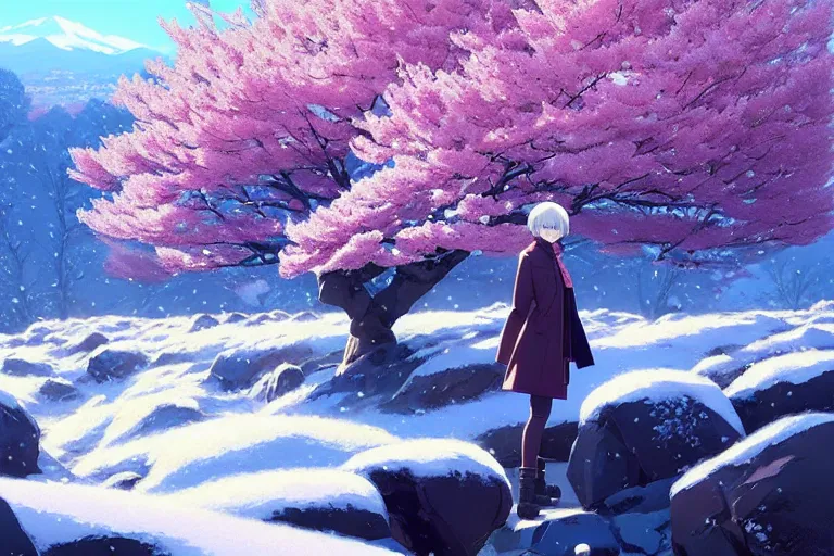 Image similar to snowy rocky field with a sakura tree : audrey plaza, fine details. anime. realistic shaded lighting poster by ilya kuvshinov katsuhiro otomo ghost - in - the - shell, magali villeneuve, artgerm, jeremy lipkin and michael garmash and rob rey