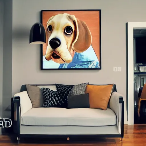 Prompt: a large lamp beagle puppy inspired design, placed in a large living room, art designers magazine HD photo superrealism 3d 8k resolution
