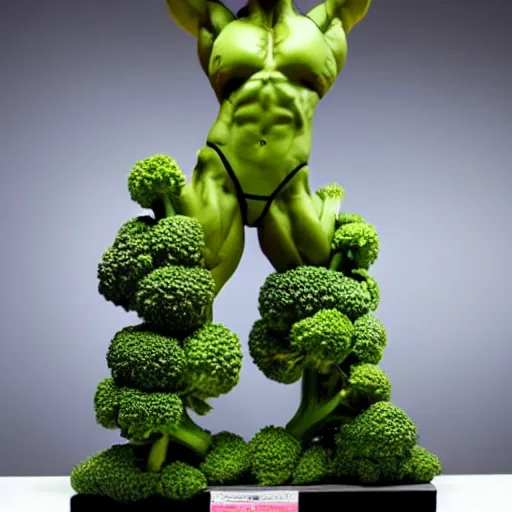 Prompt: a posing bodybuilder sculpture made entirely from broccoli