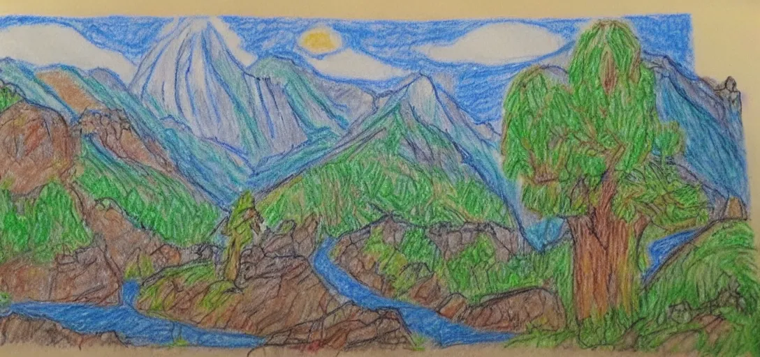 Prompt: Rivendell landscape poorly drawn in crayon by a five-year old