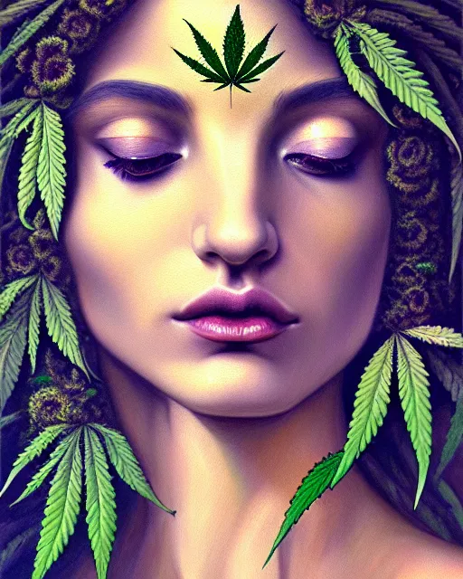 Prompt: portrait of beautiful cannabis goddess, enigmatic beauty, esoteric, muted colors, head in focus, fantasy art, ornamental aesthetics, intricate, elegant, highly detailed hyperrealistic painting, artstation, concept art, painterly, sharp focus, illustration, art by lois royoi