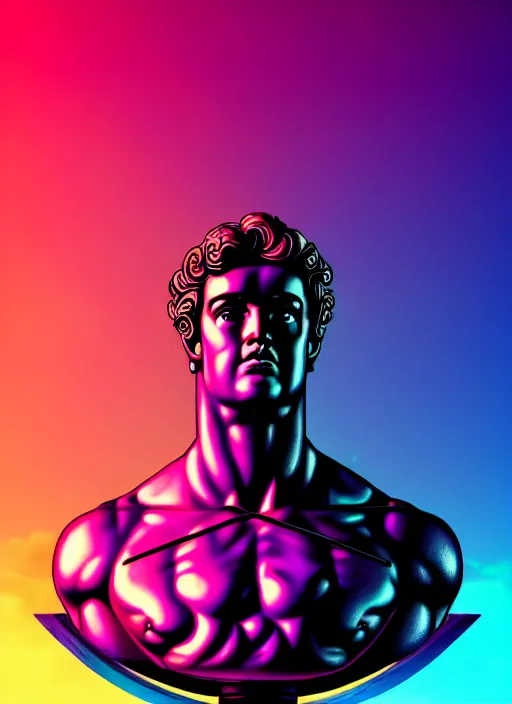 Image similar to statue of hercules, beeple, android jones, ( ( ( ( ( dan mumford ) ) ) ) ), vaporwave, retrowave, black background, neon wiring, black, glitch, strong contrast, cuts, pinterest, trending on artstation