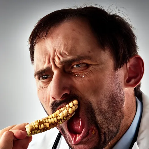 Prompt: extremely detailed portrait closeup of a doctor angrily yelling at a corncob, bloodshot teary eyes and immense anger