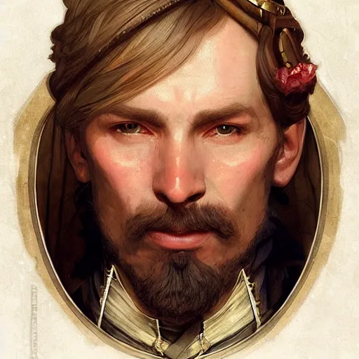 Image similar to hungarian nobleman, portrait, headshot, D&D, fantasy, highly detailed, digital painting, artstation, concept art, sharp focus, illustration, art by artgerm and greg rutkowski and alphonse mucha