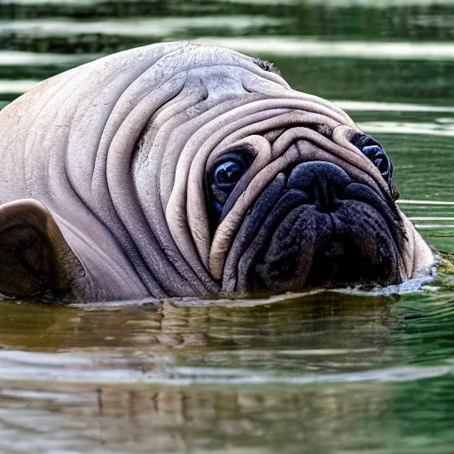 Image similar to a Manatee-Pug Hybrid, A Manatee that looks like a pug, huge tusks, afternoon hangout, good times photograph, candid