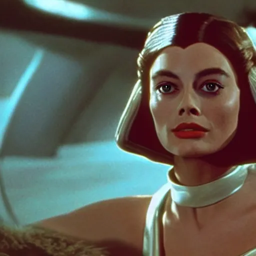 Prompt: film still of Margot Robbie as Princess Leia in Star Wars 1977