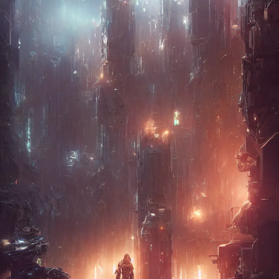 Image similar to portrait of cyborg in futuristic city, stephen bliss, unreal engine, fantasy art by greg rutkowski, loish, rhads, ferdinand knab, makoto shinkai and lois van baarle, ilya kuvshinov, rossdraws, tom bagshaw, global illumination, radiant light, detailed and intricate environment