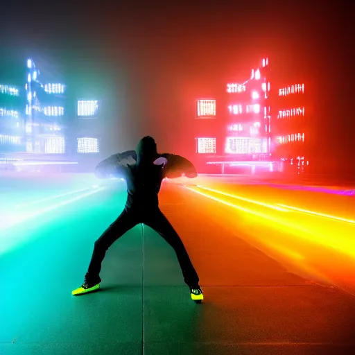 Image similar to break dancer made of neon lights, long exposure shot, tron, fog, water on the ground, cinematic view from lower angle, design, adobe