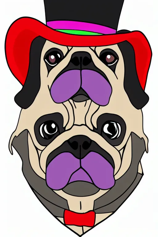 Image similar to A portrait of a pug with a top hat, sticker, colorful, illustration, highly detailed, smooth and clean vector curves, no jagged lines, vector art, smooth