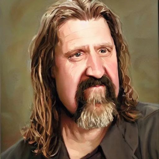 Prompt: An oil painting portrait of the dude from the big Lebowski. High detail. Style of Mary Qian