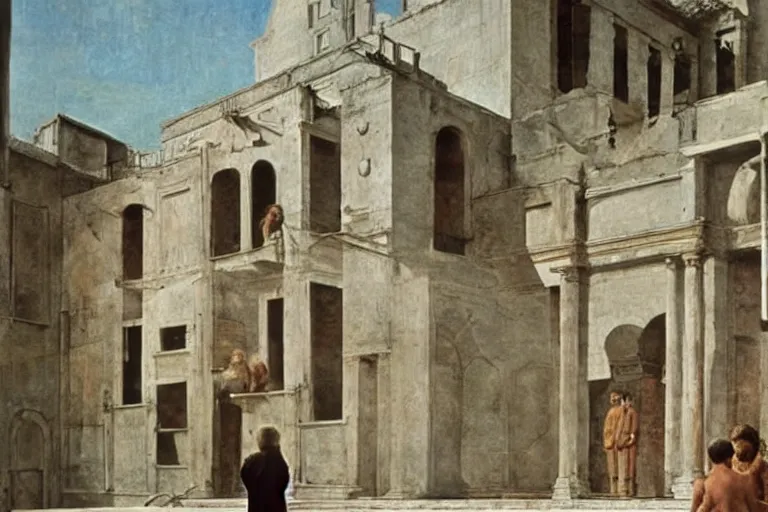 Prompt: a scene from the movie la felicita ( 1 9 7 1 ) by luchino visconti with mastroianni entering a scifi!!!! city reminiscent of the ideal city by piero della francesca. technicolor, cinematic, 5 0 mm, highly detailed