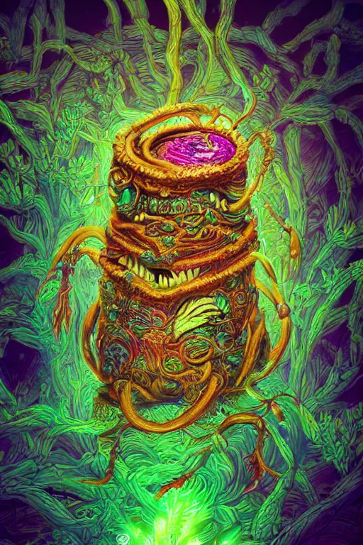 Image similar to creature sushi roots cactus elemental flush of force nature micro world fluo light deepdream a wild amazing steampunk baroque ancient alien creature, intricate detail, colorful digital painting radiating a glowing aura global illumination ray tracing