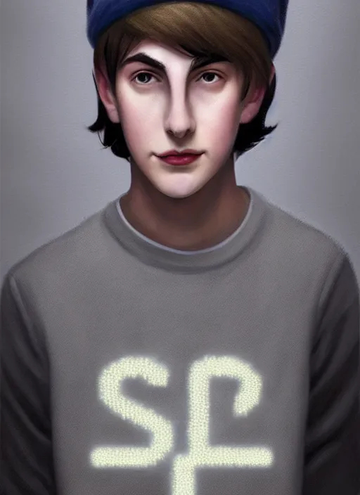 Image similar to portrait of teenage jughead jones wearing a light grey crown, photorealistic, crown, eyes closed, crown, black hair, sweater with letter s on it, letter s, intricate, elegant, glowing lights, highly detailed, digital painting, artstation, concept art, smooth, sharp focus, illustration, art by wlop, mars ravelo and greg rutkowski