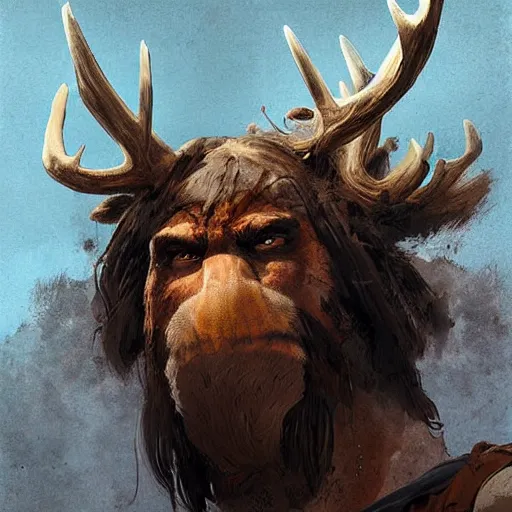 Image similar to hairy barbarian with moose head, digital art, greg rutkowski