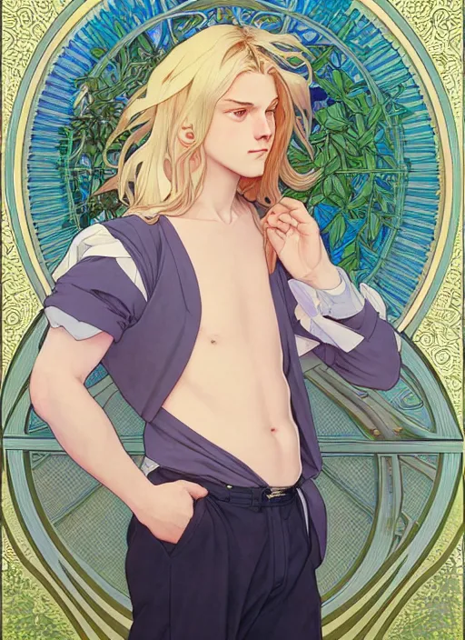 Image similar to pretty young man with shoulder length blond hair, male, half body shot, path traced, highly detailed, high quality, digital painting, by studio ghibli and alphonse mucha, leesha hannigan, hidari, art nouveau, chiho aoshima