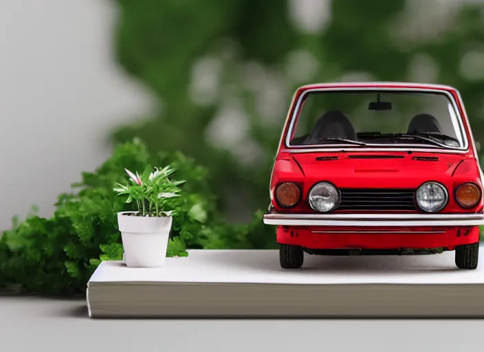 Image similar to a small miniature of a red Datsun 1200 on a white table near a book and a vase with a plant, 3d render, octane render, unreal engine 5, path tracing, serene landscape, calm, relaxing, beautiful landscape, highly detailed, high quality, 4k, symmetrical, low contrast